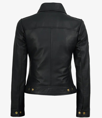 Jose Women's Black Harrington Leather Jacket with Golden Details
