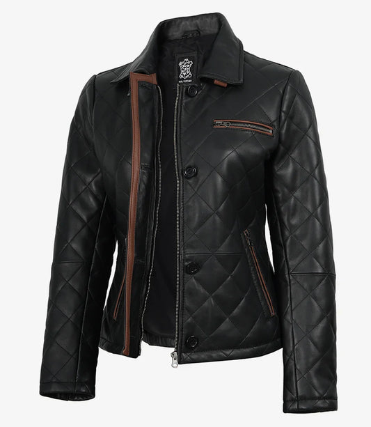 Glen Women's Black Diamond Quilted Leather Jacket with Brown Trim