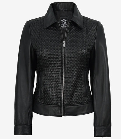 Jose Women's Black Shirt Collar Harrington Textured Leather Jacket