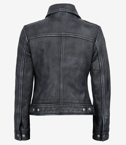Jose Womens Black Shirt Collar Harrington Washed Leather Jacket