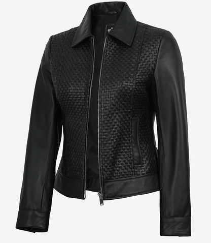 Jose Women's Black Shirt Collar Harrington Textured Leather Jacket