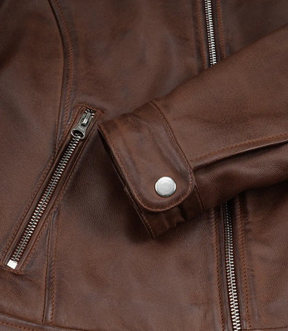 Women's Cognac Waxed Lambskin Biker Style Leather Jacket