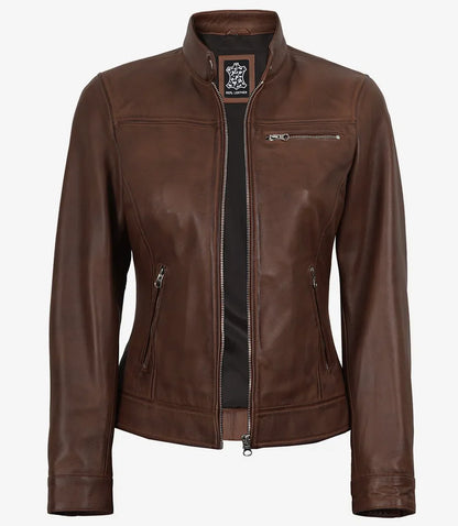 Women's Cognac Waxed Lambskin Biker Style Leather Jacket