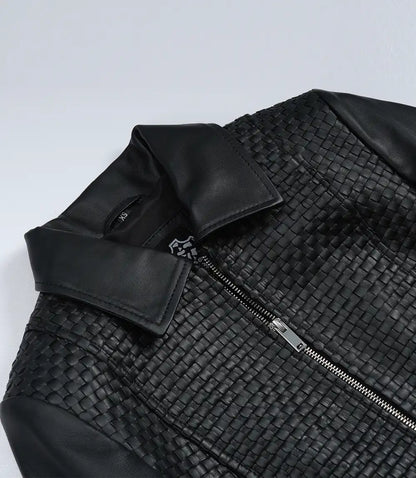 Jose Women's Black Shirt Collar Harrington Textured Leather Jacket