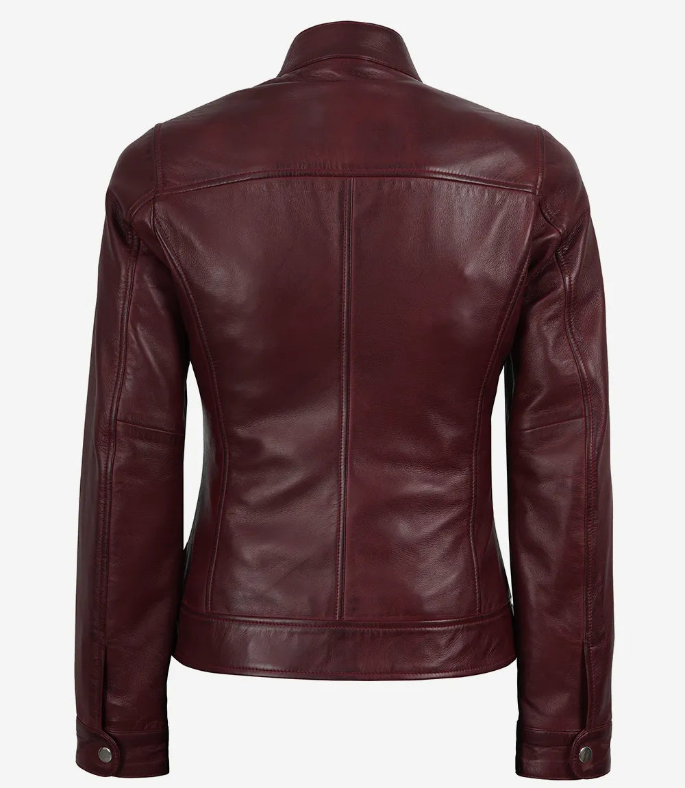Women's Burgundy Waxed Lambskin Biker Style Leather Jacket