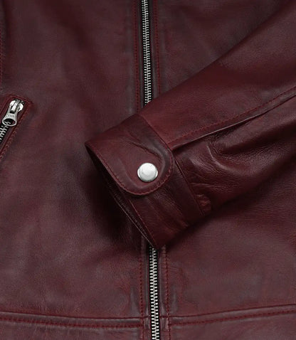 Women's Burgundy Waxed Lambskin Biker Style Leather Jacket