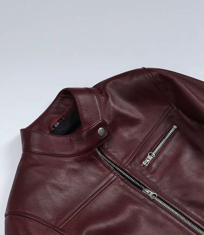 Women's Burgundy Waxed Lambskin Biker Style Leather Jacket