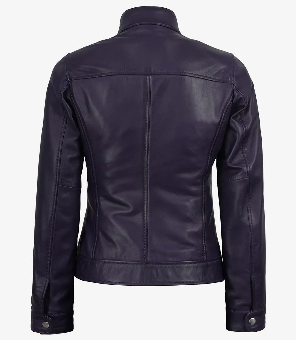 Women's Purple Waxed Lambskin Biker Style Leather Jacket