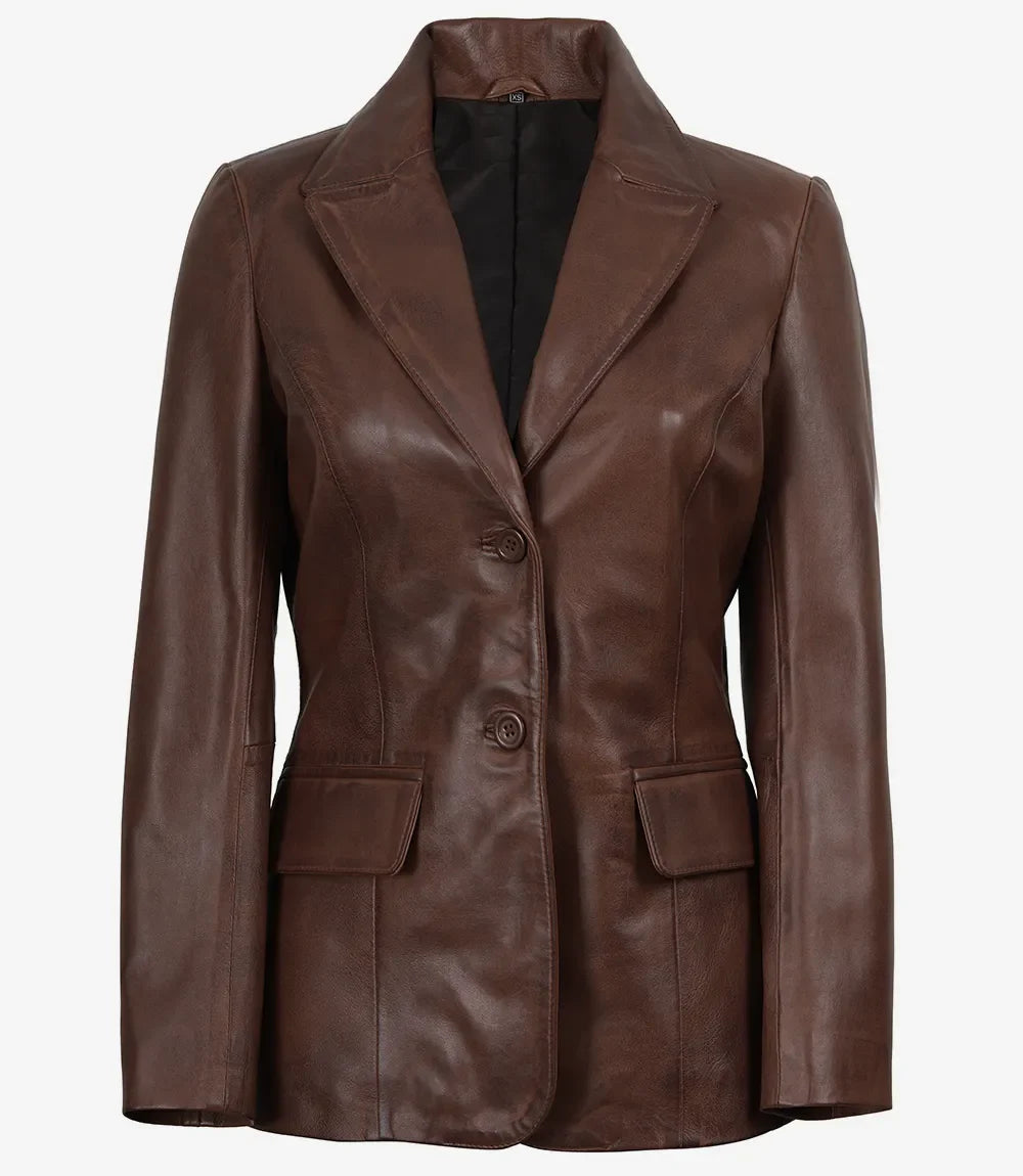 Women's Two Button Cognac Waxed Leather Blazer