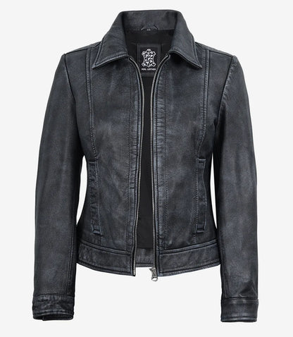 Jose Womens Black Shirt Collar Harrington Washed Leather Jacket