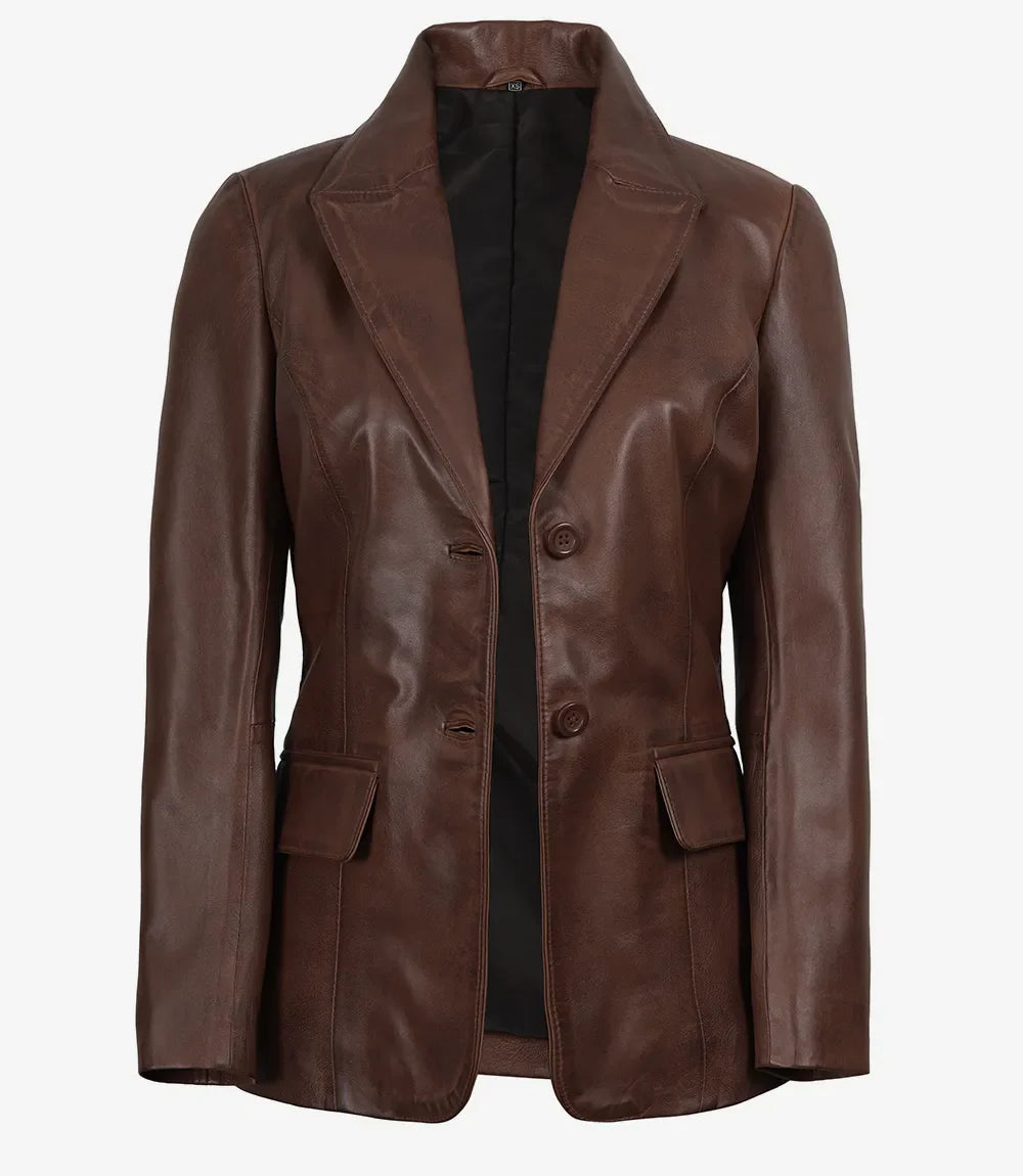 Women's Two Button Cognac Waxed Leather Blazer