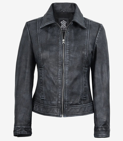 Jose Womens Black Shirt Collar Harrington Washed Leather Jacket