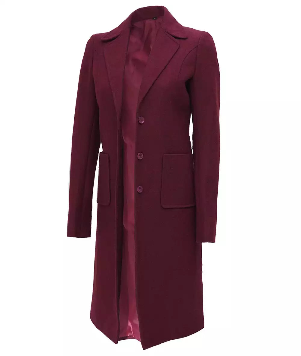 Women's Single Breasted Maroon Long Wool Coat