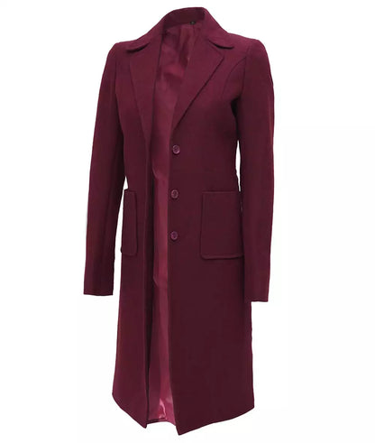 Women's Single Breasted Maroon Long Wool Coat
