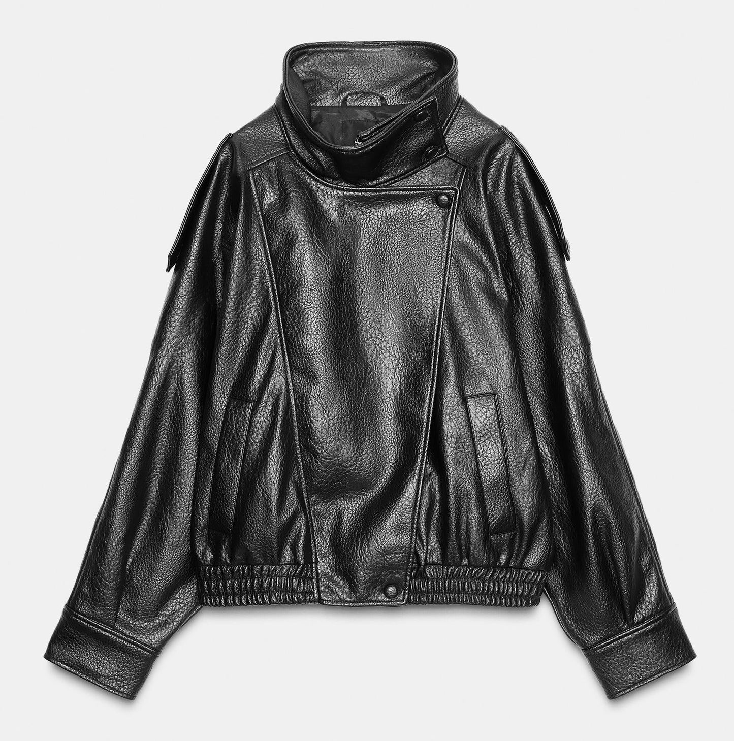 Black Funnel Collar Leather Jacket – Premium Textured Finish | Men & Women