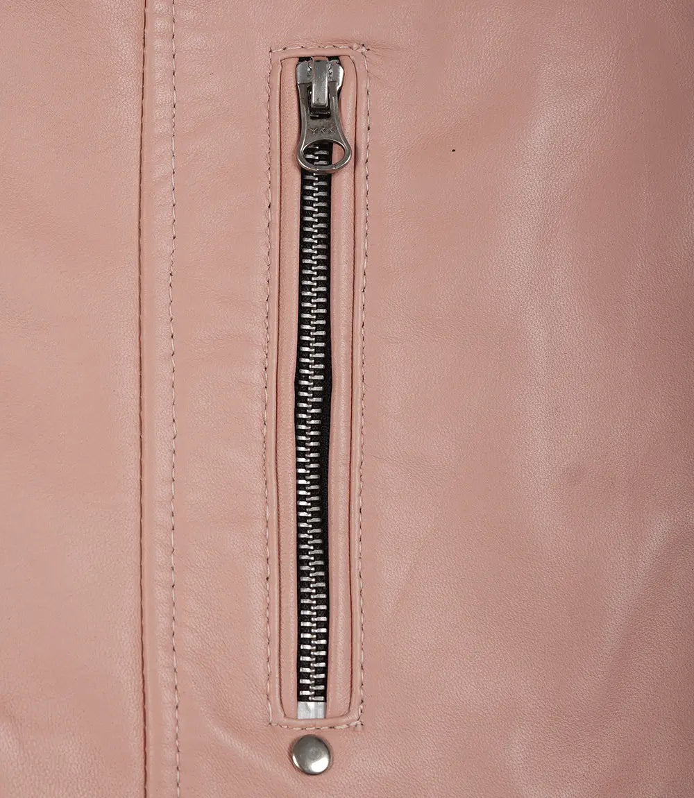 Womens Real Leather Pink Biker Style Jacket