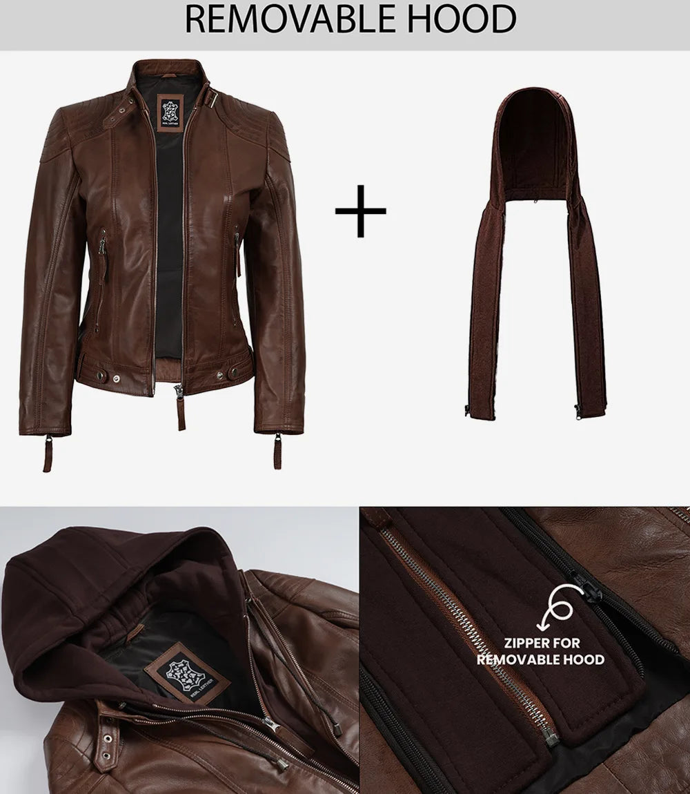 Women's Cognac Brown Real Leather Jacket With Removable Hood